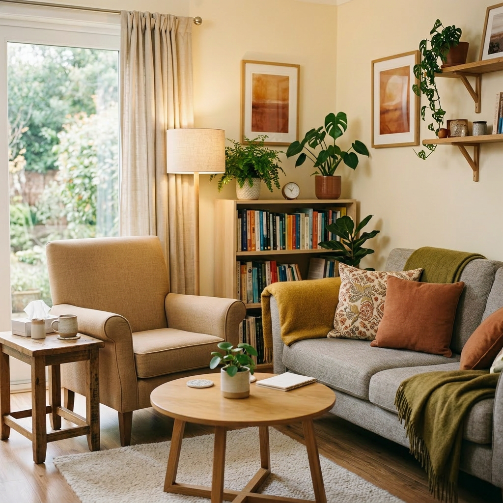 Two women sitting and talking during a therapy session in a cozy living room